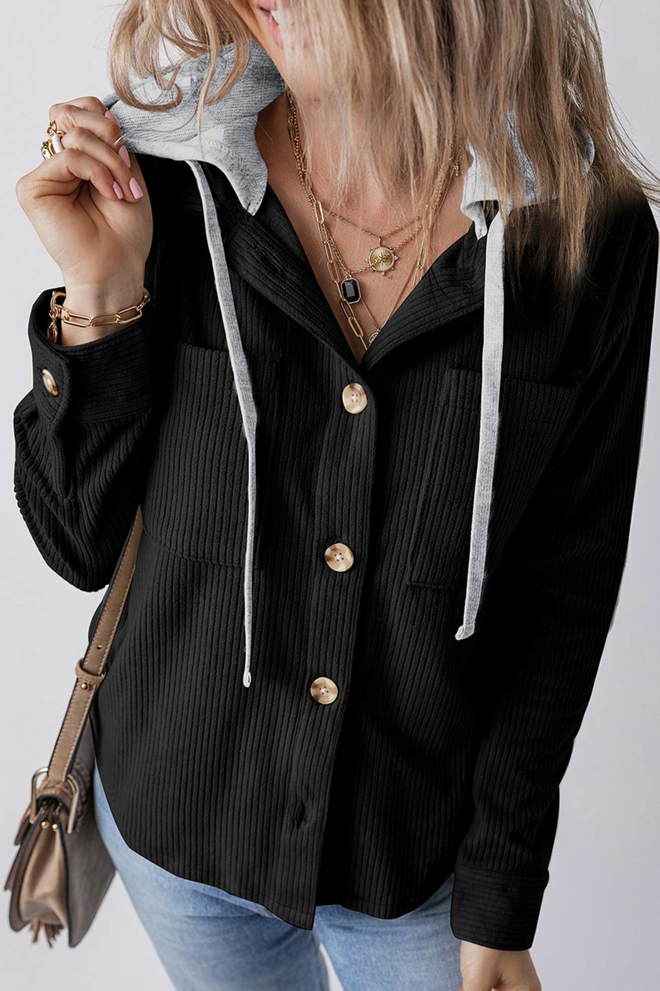 Ulla® | Ribbed hooded jacket with button placket