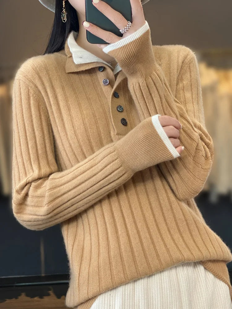 Nadia® | Ribbed polo sweater with contrast collar.