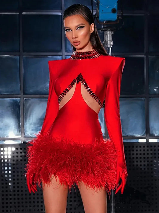 Anabel® | Long sleeve red mini bandage dress with beading and feathers