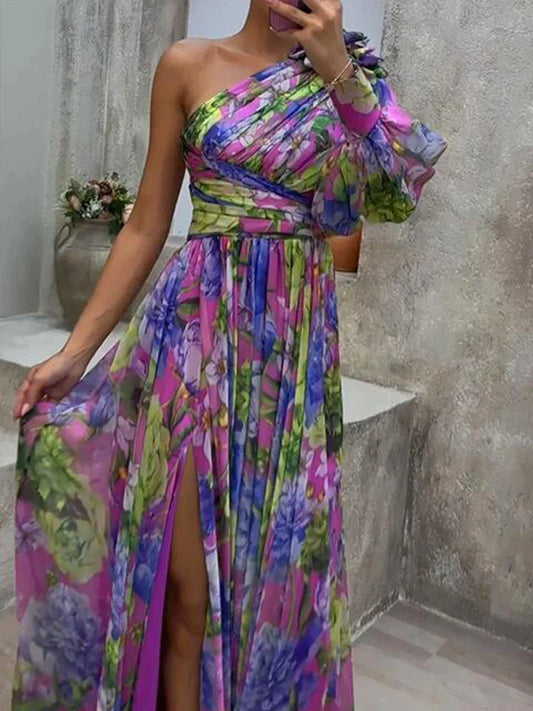 Zelda® | Sexy long dress with side slit and purple print