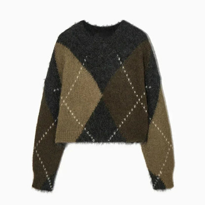 Nadia® | Knitted sweater with V-neck and diamond pattern, autumn.