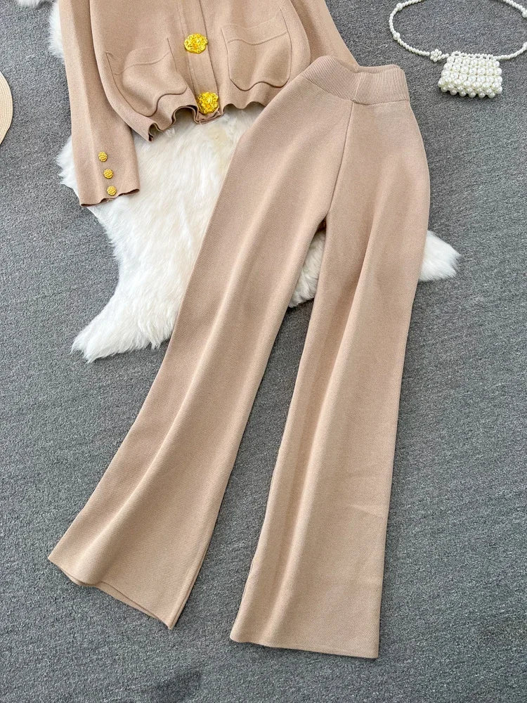 Wendy® | Women Outfits Sweater Two Piece Set Autumn Winter V Neck Single Breasted Knitted Coat High Waist Straight Leg Wide Pants Suits