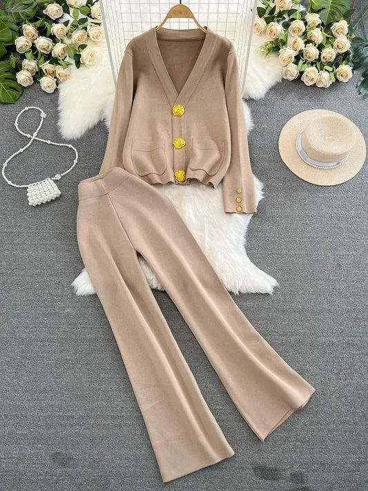 Wendy® | Women Outfits Sweater Two Piece Set Autumn Winter V Neck Single Breasted Knitted Coat High Waist Straight Leg Wide Pants Suits