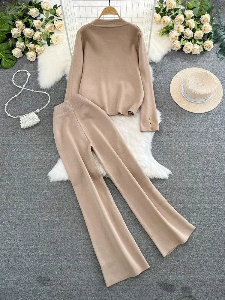 Wendy® | Women Outfits Sweater Two Piece Set Autumn Winter V Neck Single Breasted Knitted Coat High Waist Straight Leg Wide Pants Suits