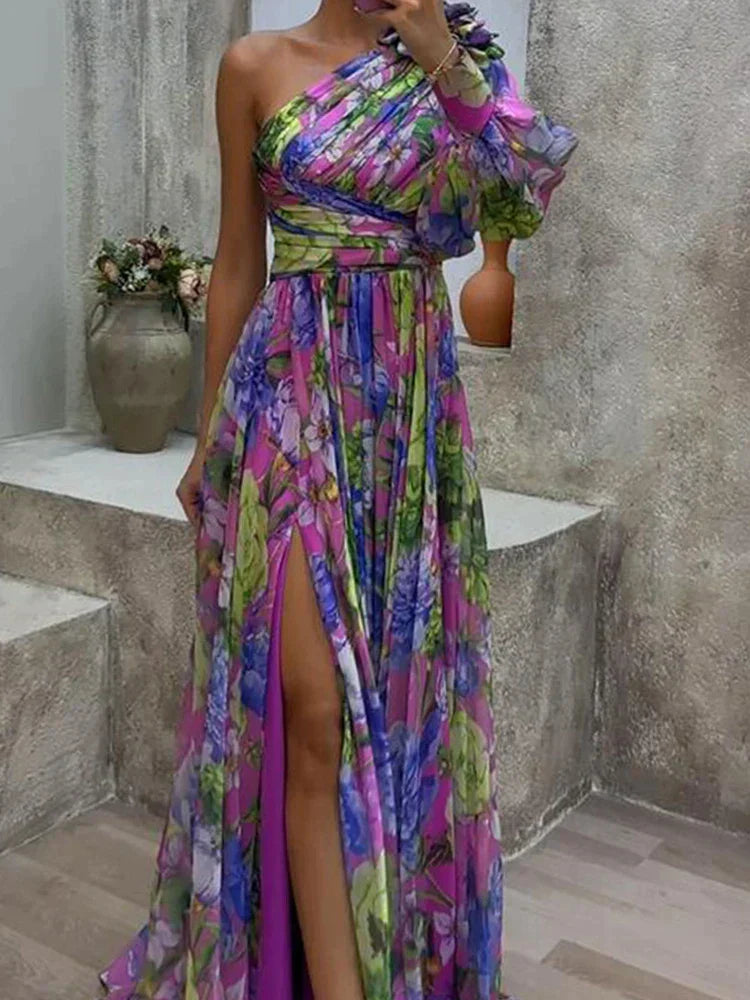 Zelda® | Sexy long dress with side slit and purple print