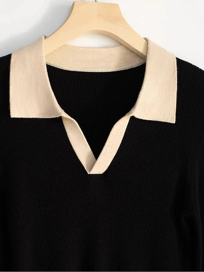 Alessandra® | Ribbed V-neck sweater with contrast collar for women