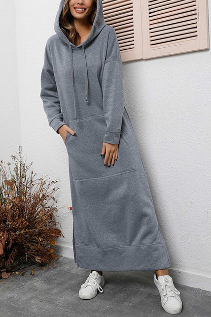 Nadia® | Solid hooded dress with pockets and a slit at the hem