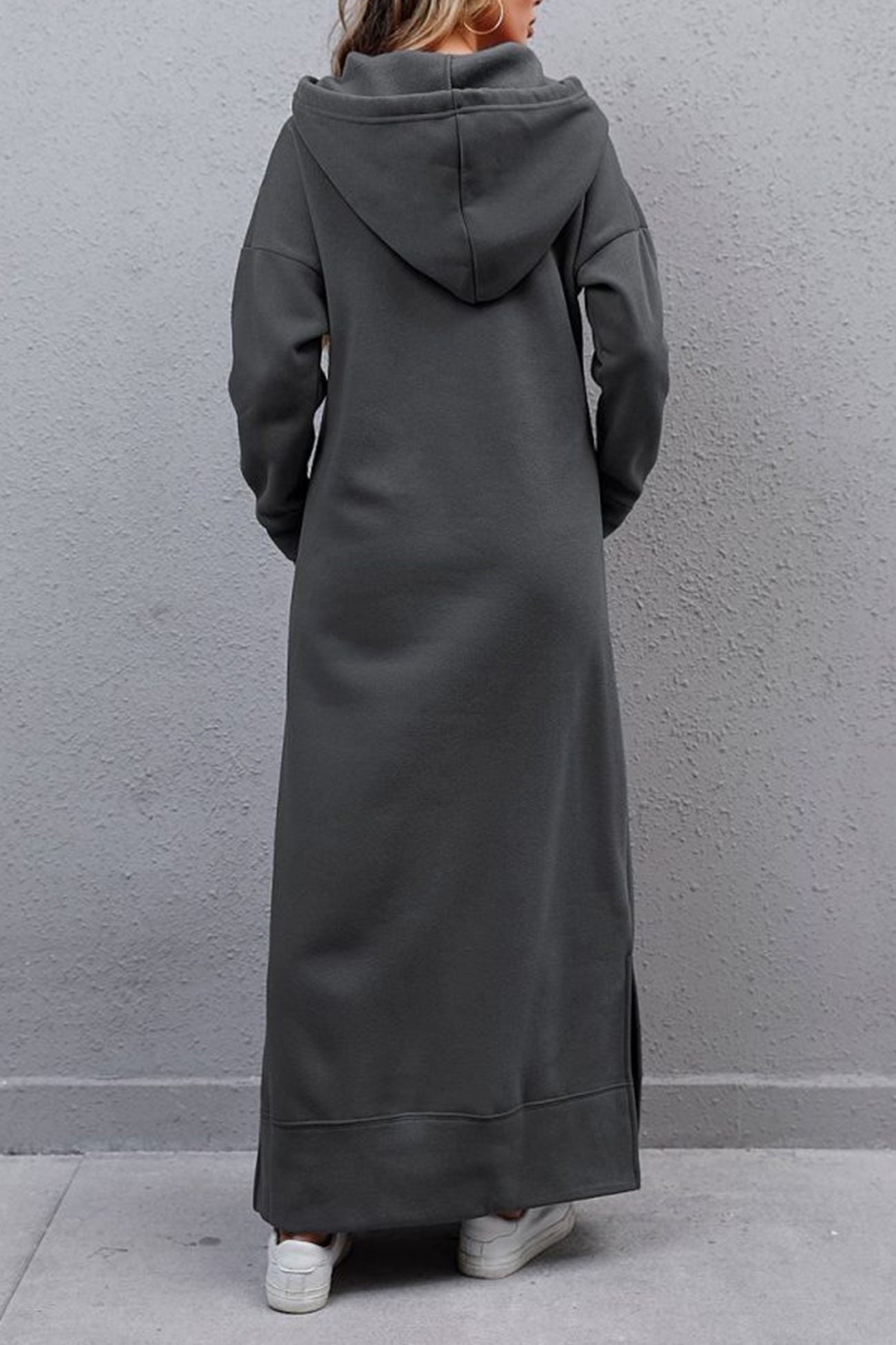 Nadia® | Solid hooded dress with pockets and a slit at the hem