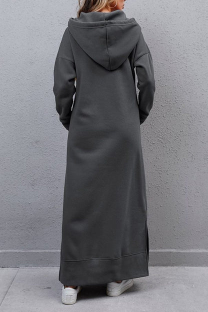 Nadia® | Solid hooded dress with pockets and a slit at the hem