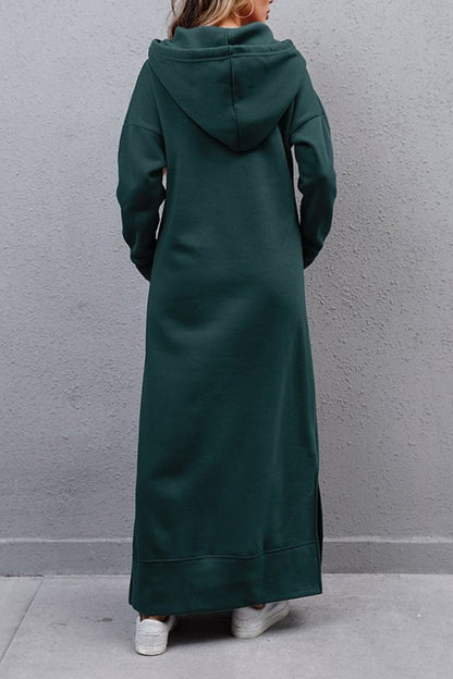 Nadia® | Solid hooded dress with pockets and a slit at the hem