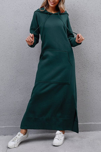 Nadia® | Solid hooded dress with pockets and a slit at the hem