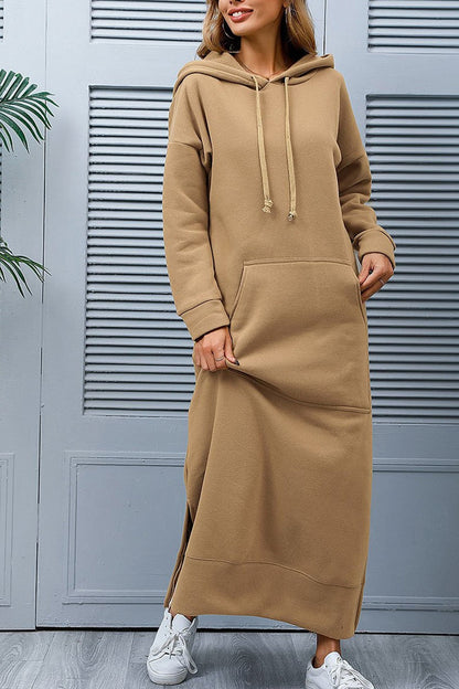 Nadia® | Solid hooded dress with pockets and a slit at the hem