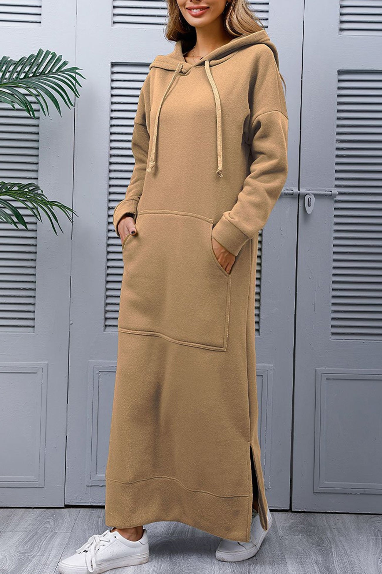 Nadia® | Solid hooded dress with pockets and a slit at the hem