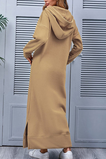 Nadia® | Solid hooded dress with pockets and a slit at the hem