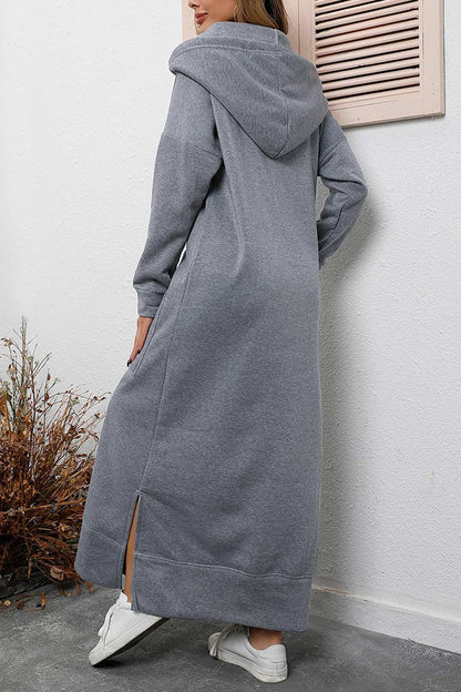 Nadia® | Solid hooded dress with pockets and a slit at the hem