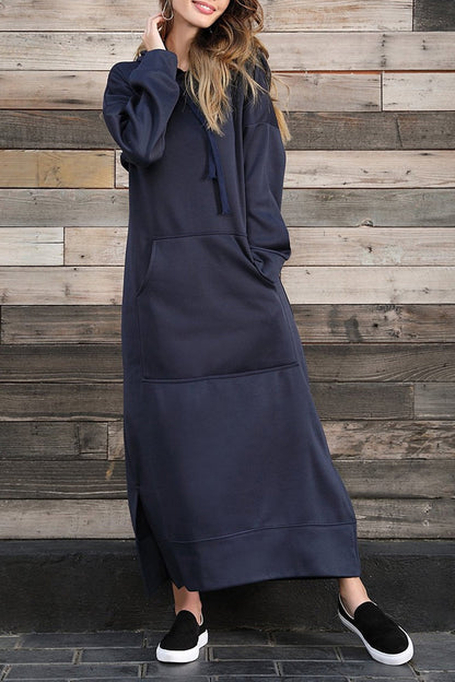 Nadia® | Solid hooded dress with pockets and a slit at the hem