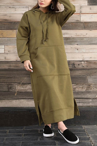 Nadia® | Solid hooded dress with pockets and a slit at the hem