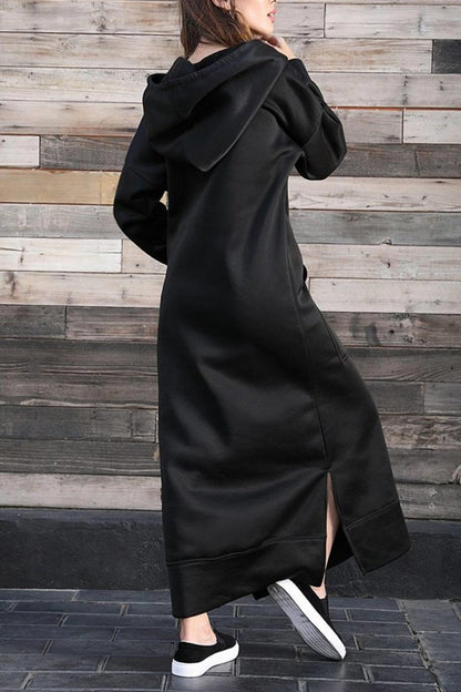 Nadia® | Solid hooded dress with pockets and a slit at the hem