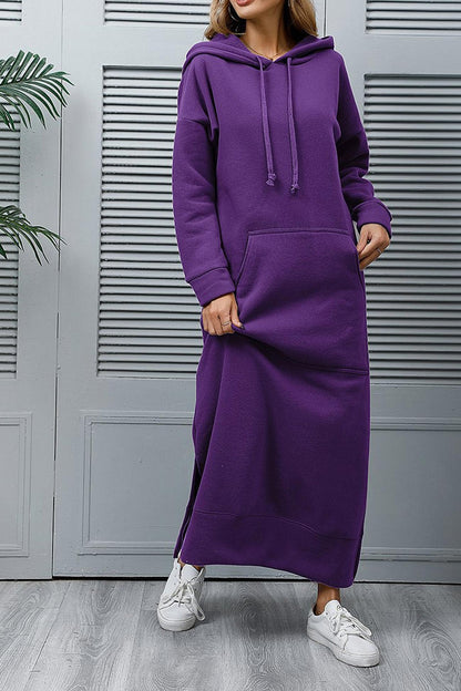 Nadia® | Solid hooded dress with pockets and a slit at the hem