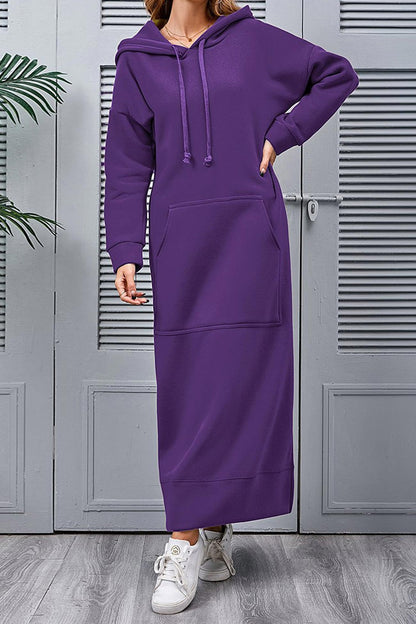 Nadia® | Solid hooded dress with pockets and a slit at the hem