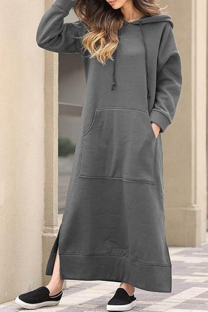 Nadia® | Solid hooded dress with pockets and a slit at the hem