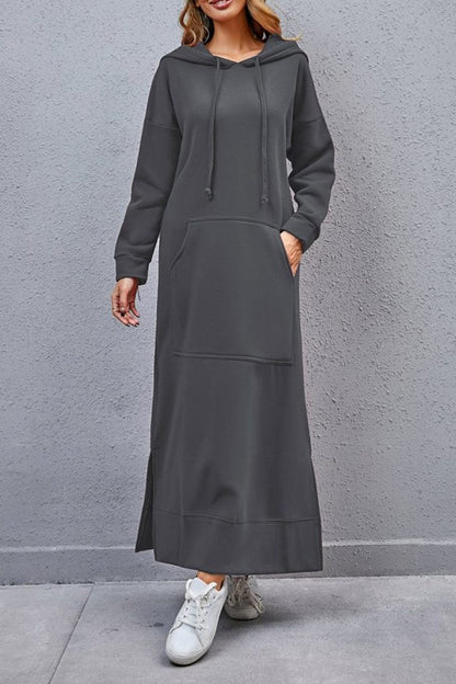 Nadia® | Solid hooded dress with pockets and a slit at the hem