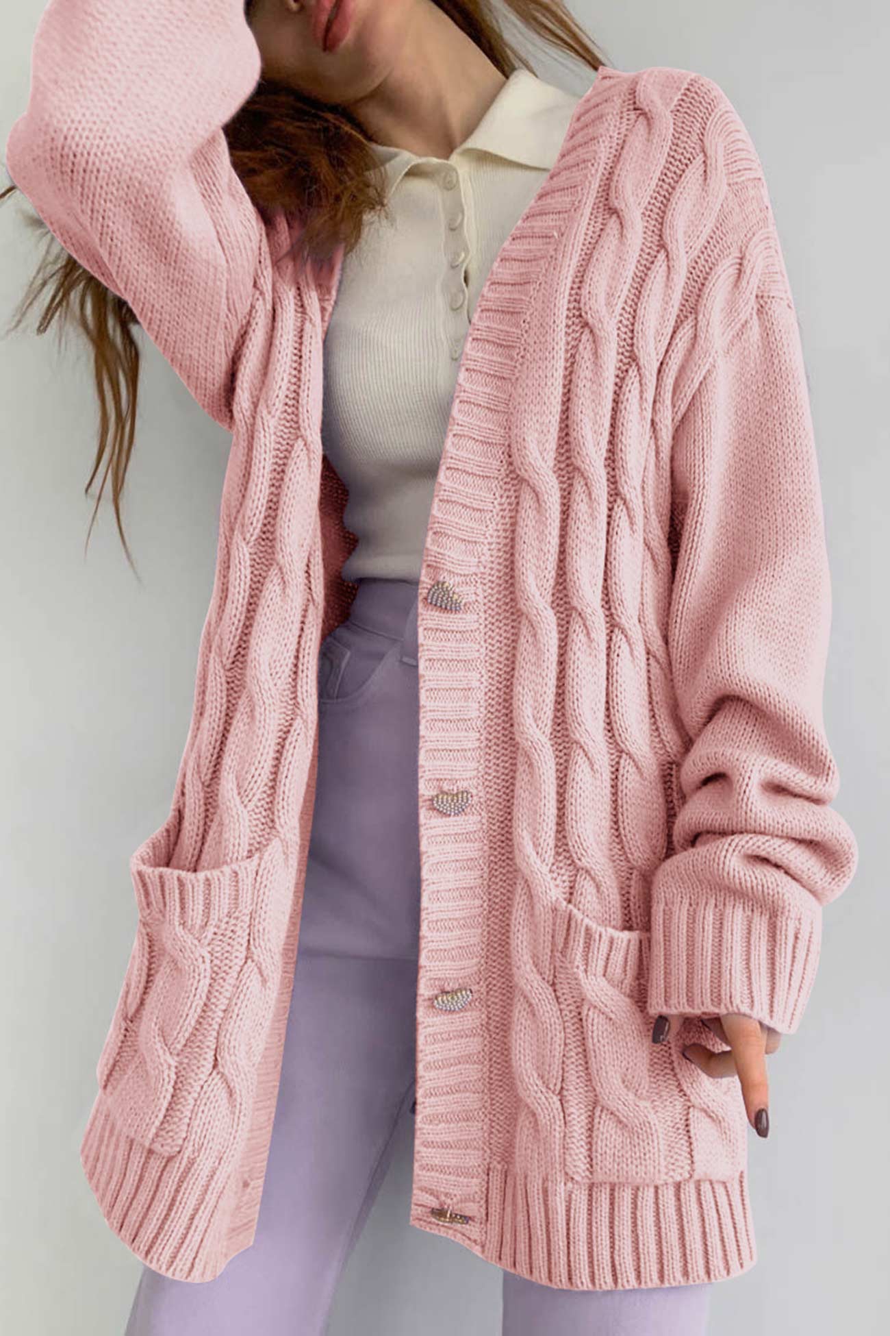 Pilar® | Solid single breasted cable knit cardigan