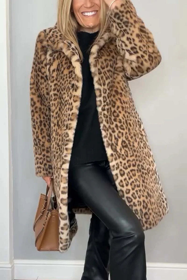 Abigail® | Long sleeve, mid-length plush coat with leopard print lapels