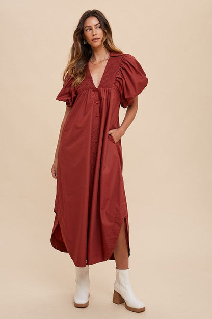 Phoebe® | Smocked midi dress with puff sleeves