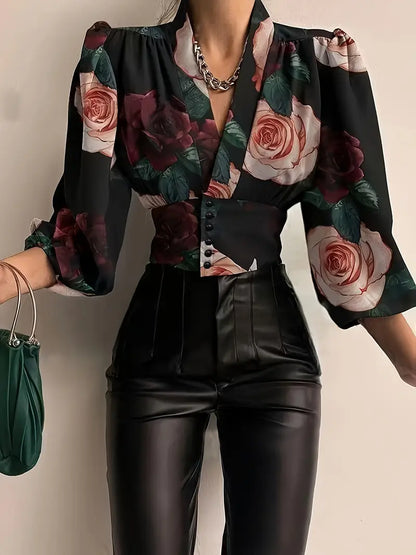 Tania® | Floral print silk blouse with puff sleeves