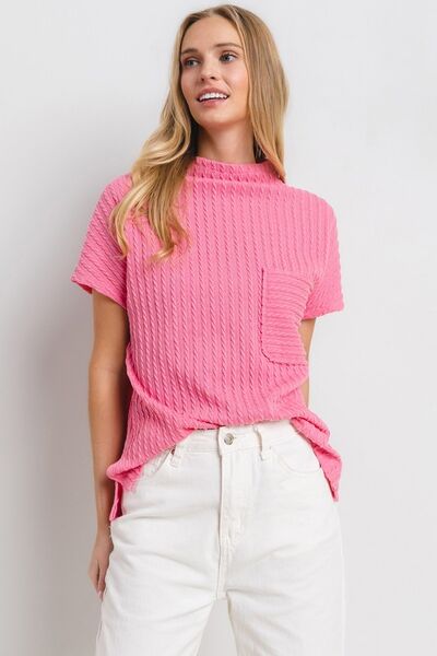 Yoselin® | Structured knit top with a stand-up collar and short sleeves