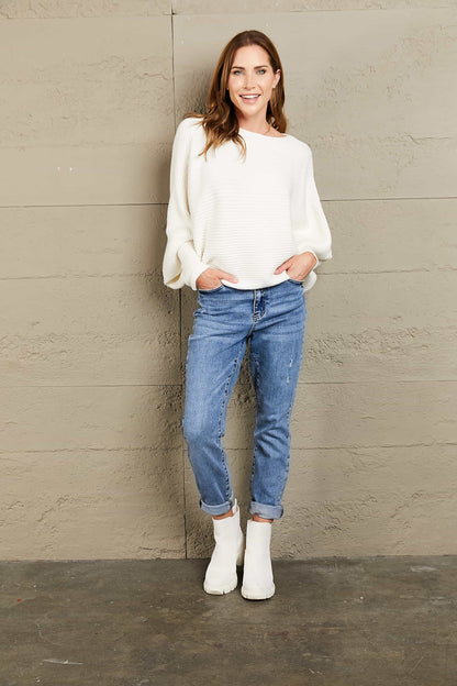 Wendy® | Woven right horizontal ribbed sweater with dolman sleeves