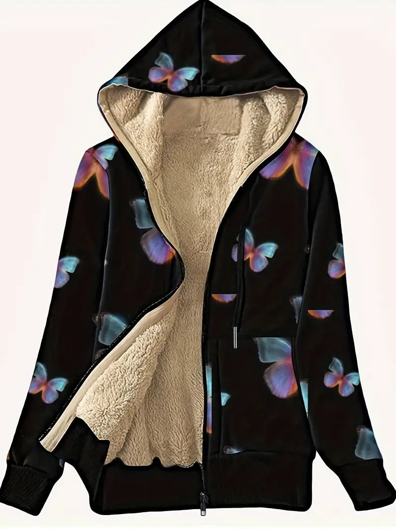 Yasmina® | Zip-up sweatshirt with faux fur lining in a butterfly wing print