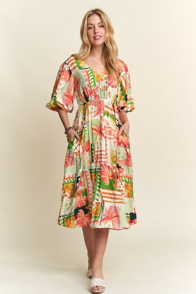 Tamara® | Floral midi dress with V-neck and puff sleeves