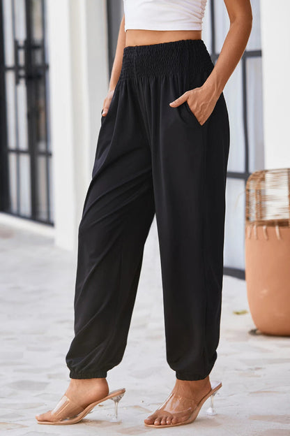 Teresa® | Black smocked high waist joggers with pockets