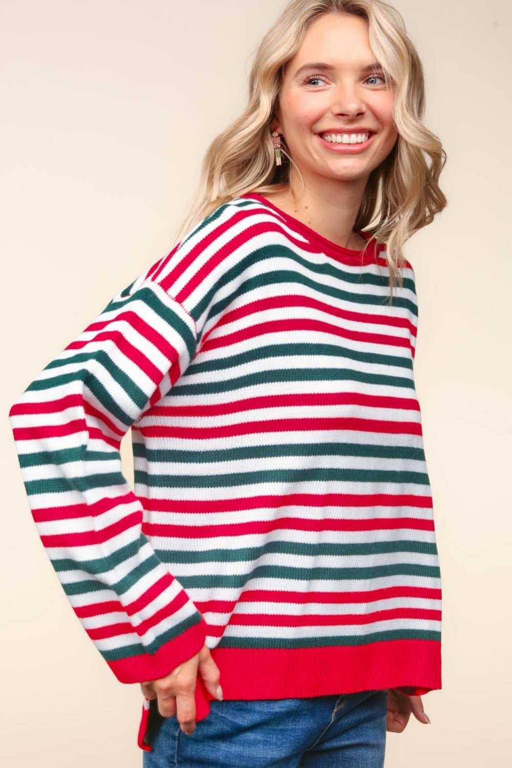 Wendy® | Full size Haptics knit top with stripes and contrast side slits