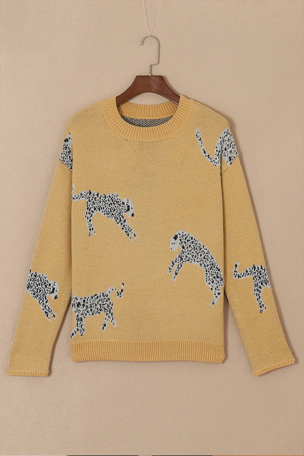 Yolanda® | Camel-colored animal print knit sweater with dropped shoulders