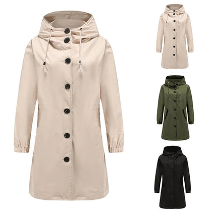 Amelia® | Long trench coat with hood and stand-up collar for women, available in large sizes