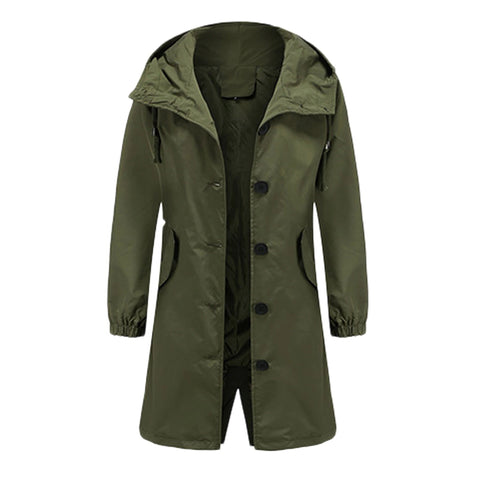 Amelia® | Long trench coat with hood and stand-up collar for women, available in large sizes