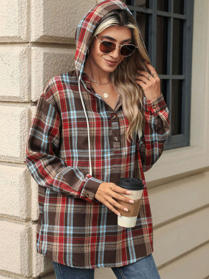 Nathalie® | Long sleeve top with drawstring and checked hood