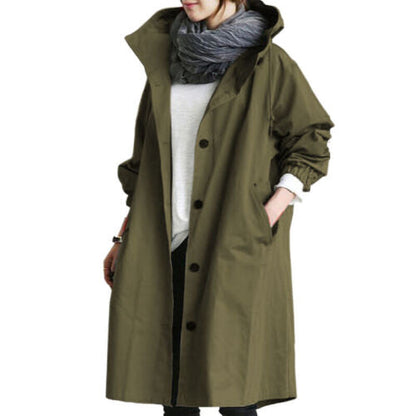 Amelia® | Long trench coat with hood and stand-up collar for women, available in large sizes