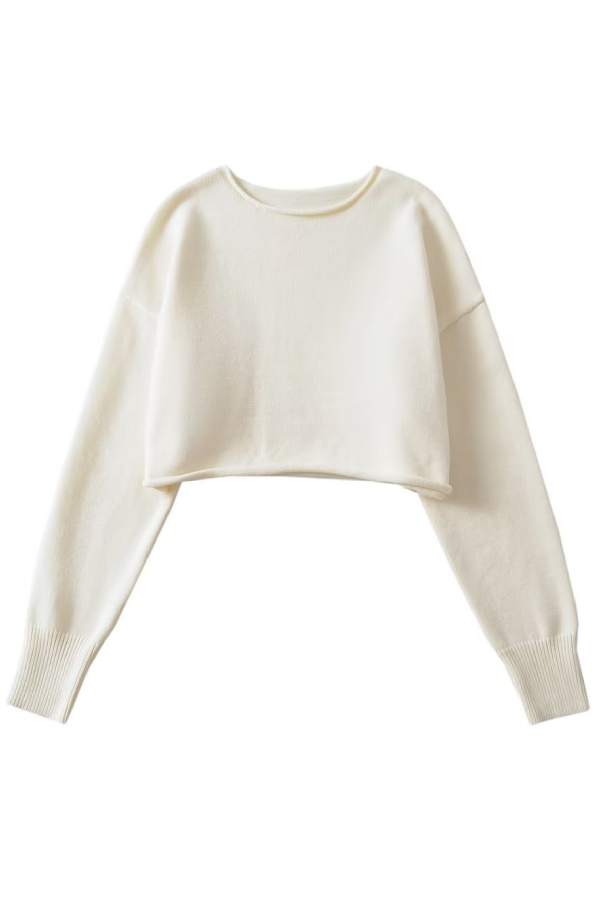 Tilly® | Solid color loose casual long sleeve super short crew neck knitted sweater