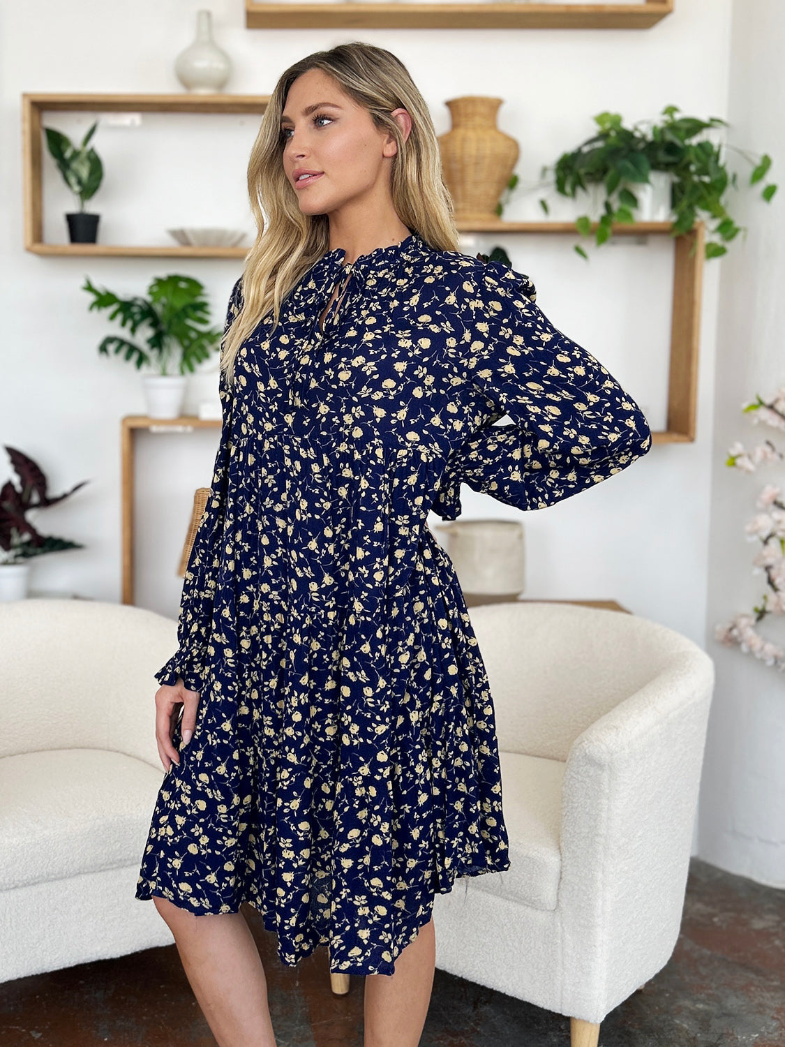 Tatiana® | Double Take long sleeve tiered ruffle hem dress with full size print