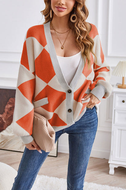 Verónica® | Casual loose V-neck geometric patchwork contrast cardigan