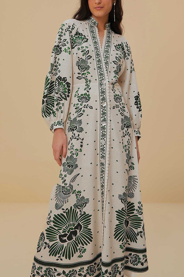 Vesta® | Unique printed long sleeve button down shirt maxi dress