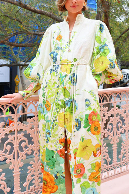 Xenia® | Summer party floral print shirt midi dress with balloon sleeves and pocket belt