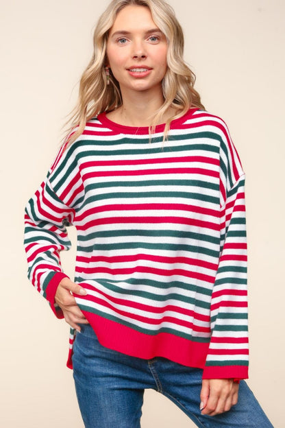 Wendy® | Full size Haptics knit top with stripes and contrast side slits