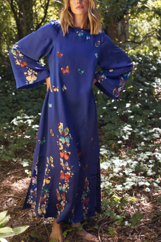 Tallulah® | Navy blue long sleeve loose long dress with butterfly print