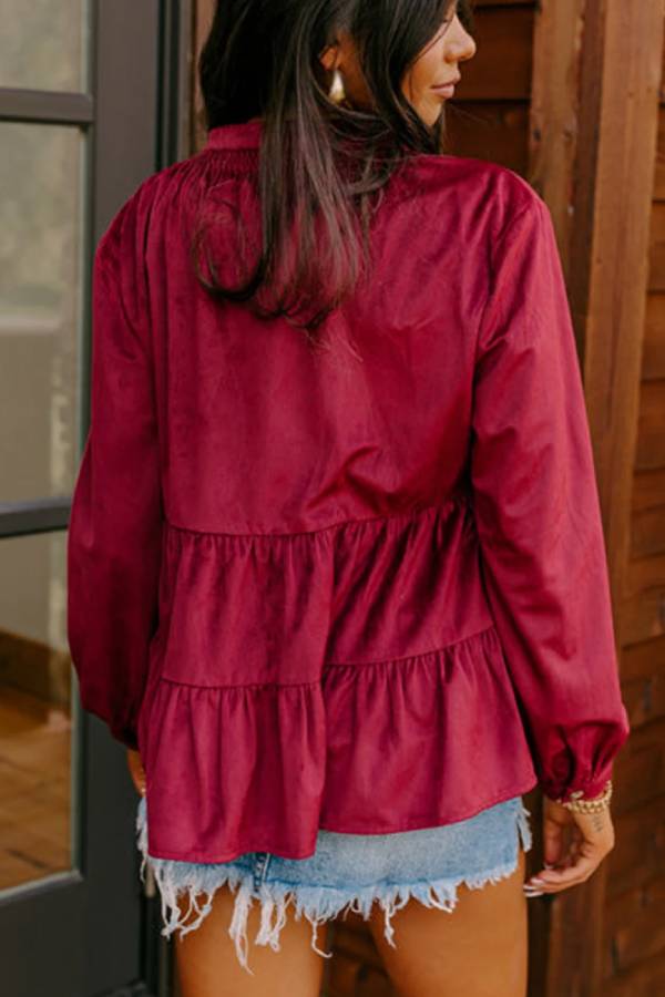 Stephanie® | Burgundy shirt with smocked ruffles and buttons