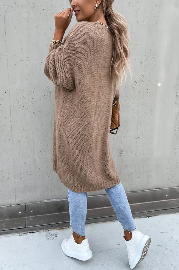 Xochitl® | Solid color knitted long sleeve oversized V-neck midi cardigan